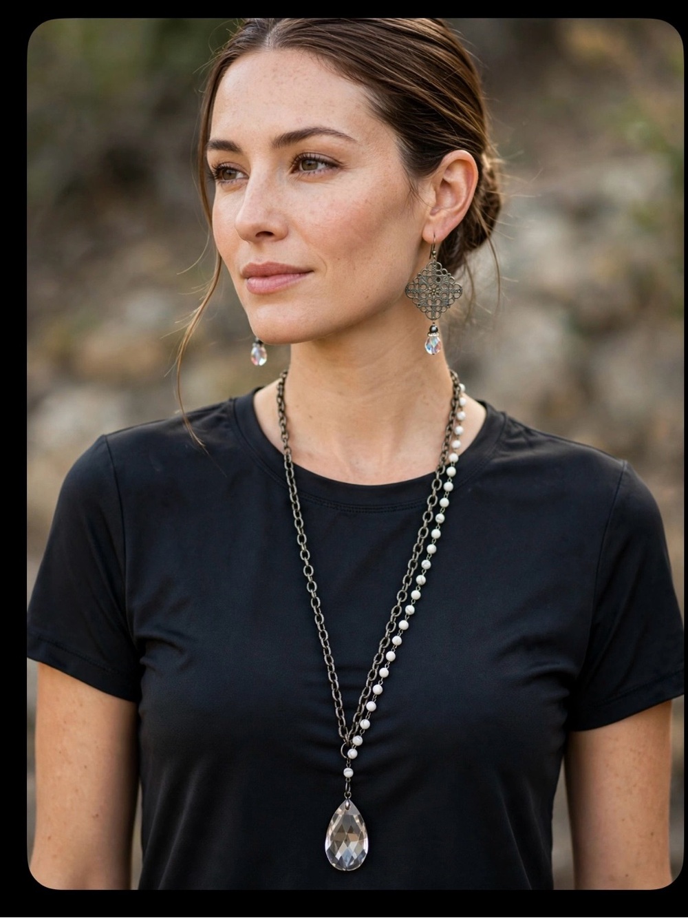 Silver Teardrop Crystal Pendant Necklace with Matching Earrings